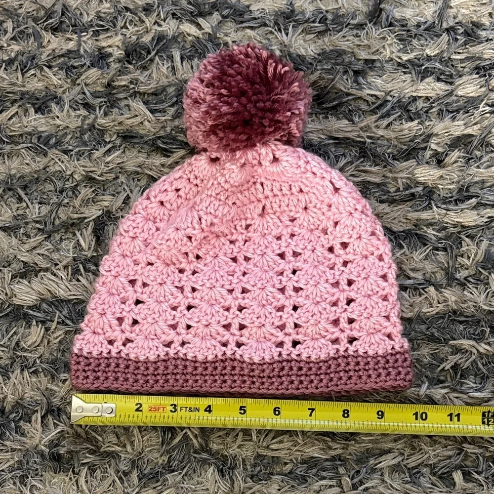 New ! Handmade Pink Crochet Beanie with Pom Pom + Headband